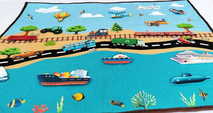 Montessori Modes of Transport Felt Play mat (80-Piece Set)  Air, Land, and Sea Adventure