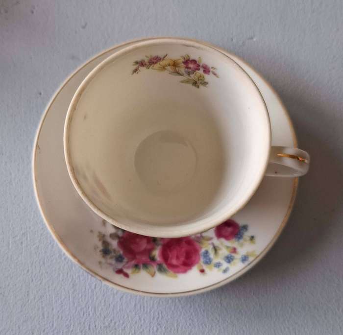 Three Japanese Rose-patterned Coffee Cups and Saucers