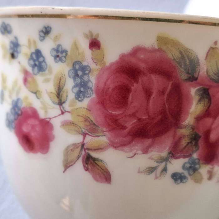 Three Japanese Rose-patterned Coffee Cups and Saucers