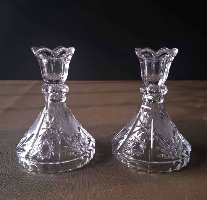 Two Vintage Chrystal Candlesticks with Frosted Flowers and stars