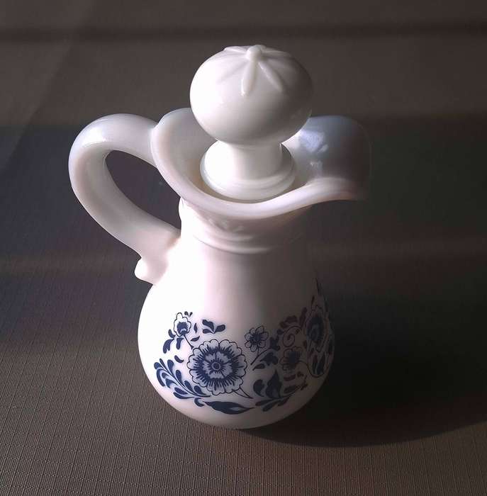 Milk Glass Bath Oil Jug with Delft Blue Flower Pattern
