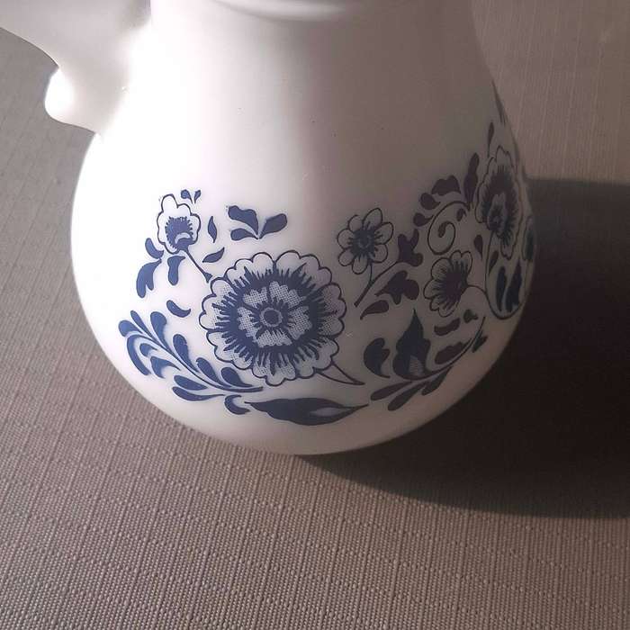 Milk Glass Bath Oil Jug with Delft Blue Flower Pattern