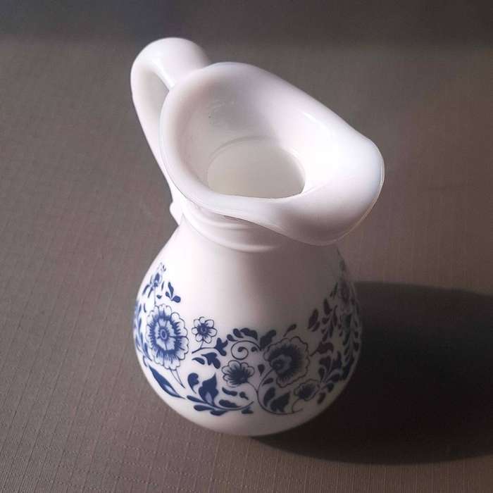 Milk Glass Bath Oil Jug with Delft Blue Flower Pattern