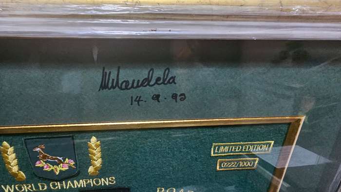 Rugby World Cup 1995 Final Badge Set signed Mandela and Pienaar