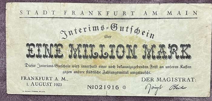 1923 Replacement One German Mark with low serial number EF Condition
