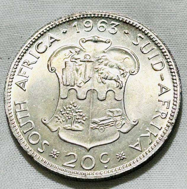 1963 South Africa 20 cent A/U Silver Coin