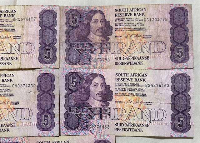  5 x CL STALS Five Rand Banknotes as one lot