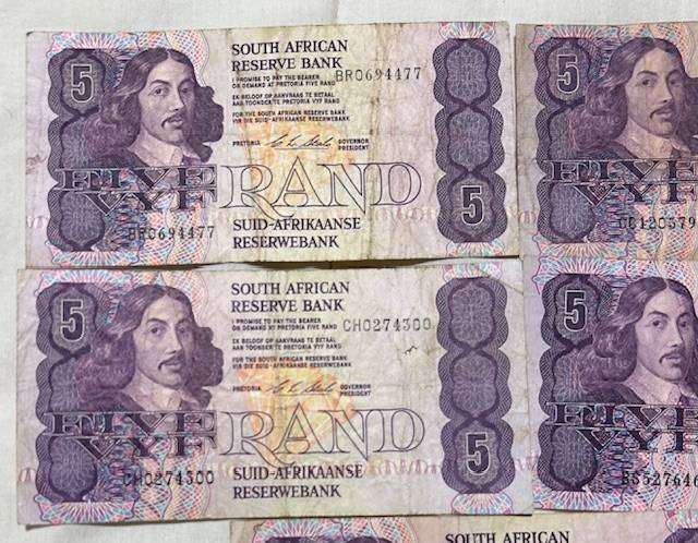  5 x CL STALS Five Rand Banknotes as one lot