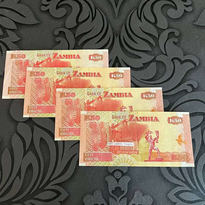 Set of 5  Zambia 50 Kwacha Banknotes  Bank of Zambia  African Collectible Currency - unc