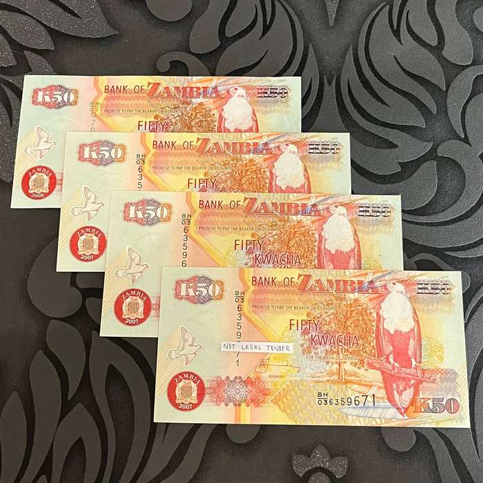 Set of 5  Zambia 50 Kwacha Banknotes  Bank of Zambia  African Collectible Currency - unc