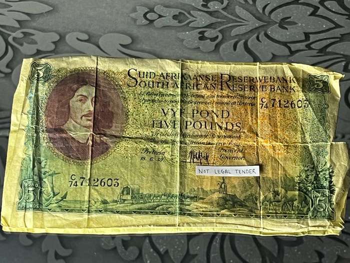 1959 South Africa 5 Pound (Vyf Pond) Banknote  Jan van Riebeeck  Rare SARB Note