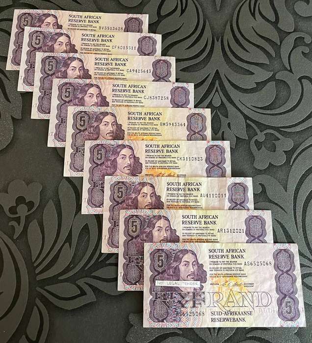 South Africa  Lot of 9 x Five Rand Banknotes  Jan van Riebeeck Series (C.L. Stals)