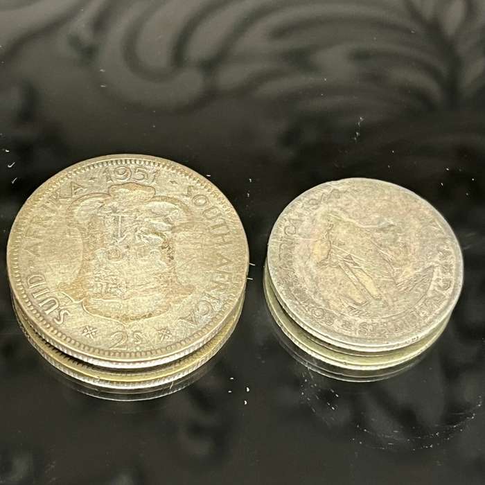 South Africa  Lot of 2x Silver Coins (1951, 2 Shillings & 1935, 1 Shilling  80% Silver)