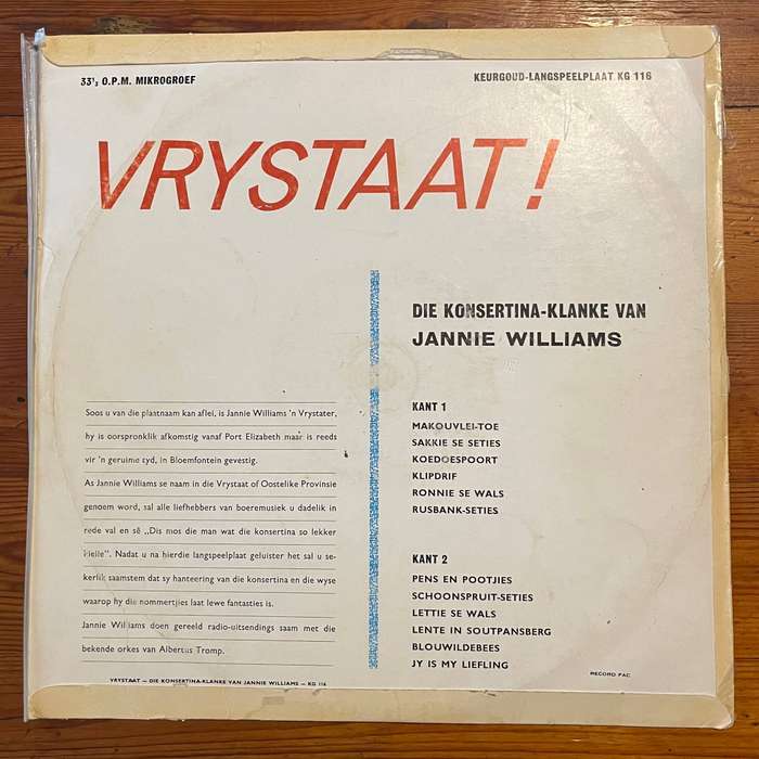 Jannie Williams  Vrystaat! (Die Konsertina-Klanke) LP (Keurgoud KG 116)  Vintage Afrikaans Vinyl