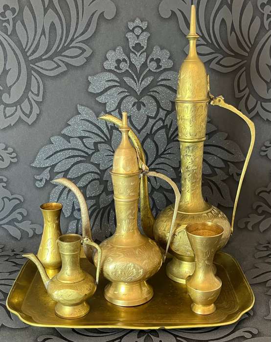  6-Piece Vintage Copper Ewer & Vase Set with Tray  Hand-Engraved