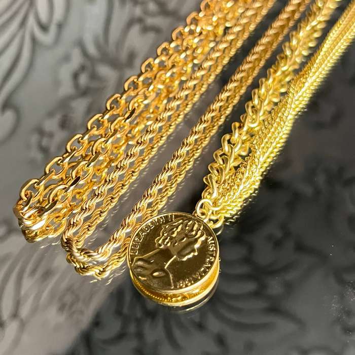 Set of 3 Costume Jewelry Gold-Tone Chains with Coin Pendant