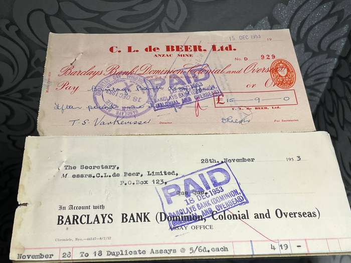 1953 Barclays Bank Cheque & Statement  C.L. de Beer Ltd.