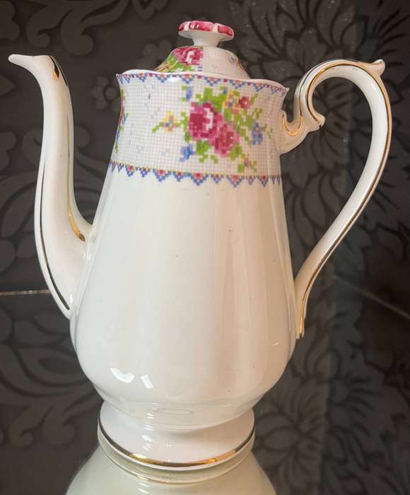 Royal Albert Petit Point Coffee Pot  English Bone China  Floral Embroidery Pattern with Lid
