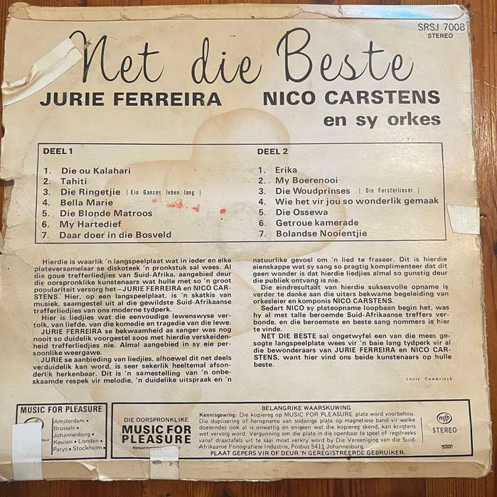 Jurie Ferreira & Nico Carstens  Net die Beste Vinyl LP (Afrikaans, EMI Starline)