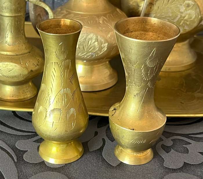 6-Piece Vintage Copper Ewer & Vase Set with Tray  Hand-Engraved