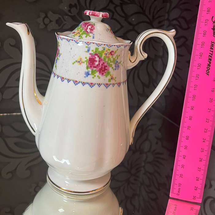 Royal Albert Petit Point Coffee Pot  English Bone China  Floral Embroidery Pattern with Lid