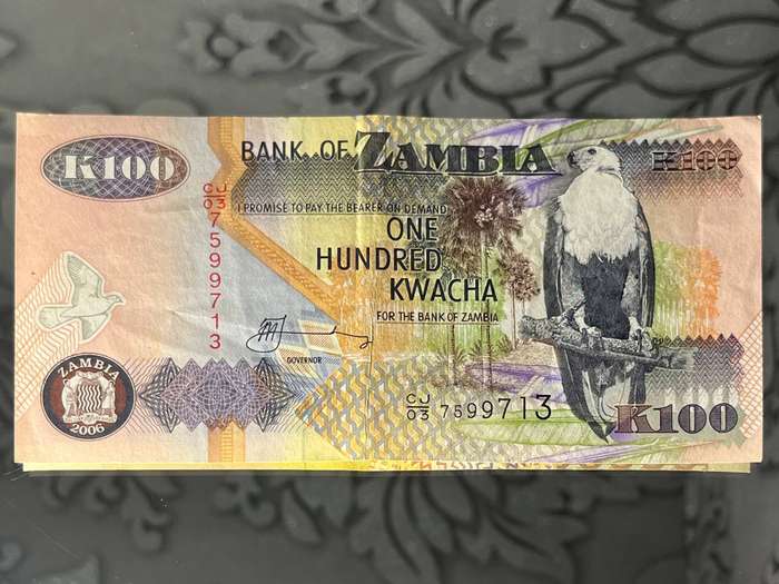 Zambia  100 Kwacha Banknote  Victoria Falls & Buffalo