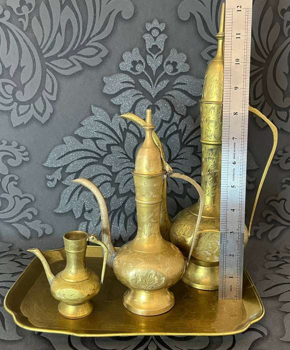  6-Piece Vintage Copper Ewer & Vase Set with Tray  Hand-Engraved