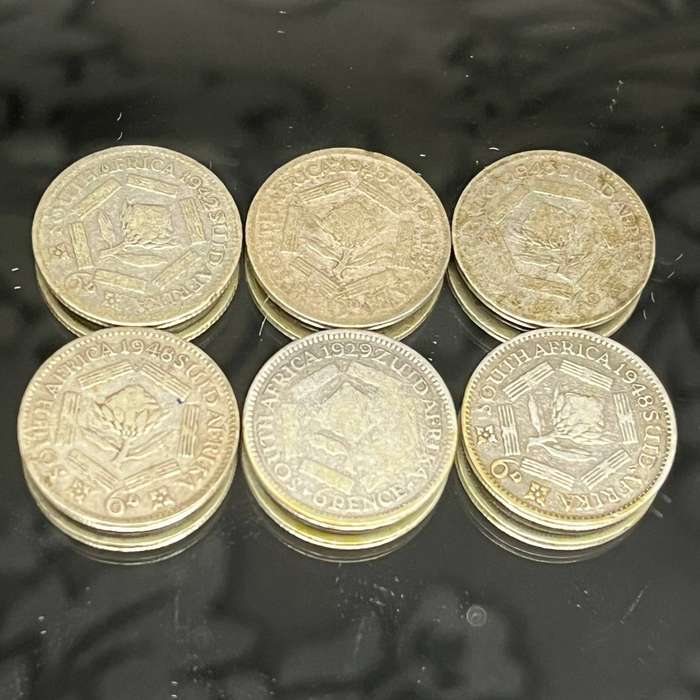 South Africa  Lot of 6x Silver Sixpence Coins (19291948, 80% Silver)