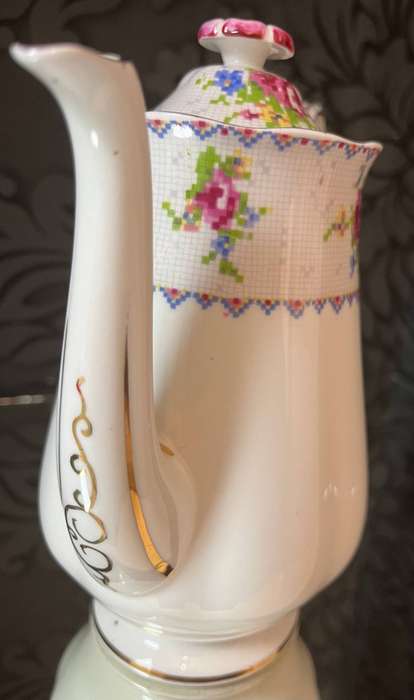 Royal Albert Petit Point Coffee Pot  English Bone China  Floral Embroidery Pattern with Lid
