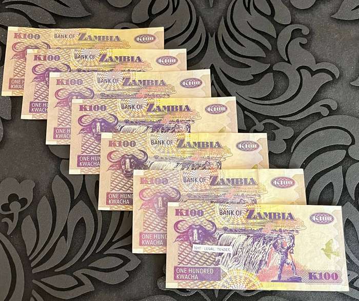 Set of 7  Zambia 100 Kwacha Banknotes  Bank of Zambia  African Collectible Currency