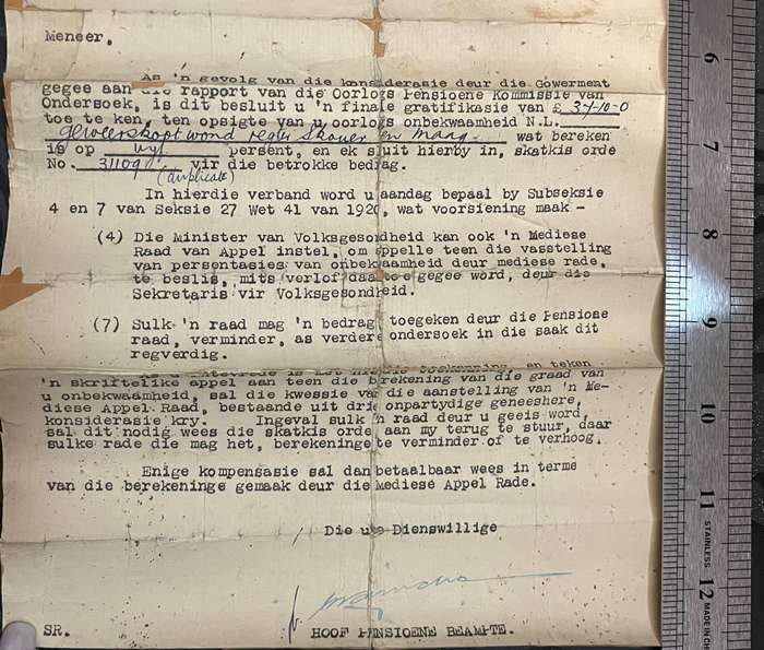 1925 Anglo-Boer War Pension Letter  Pretoria Treasury  Original Document