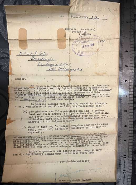 1925 Anglo-Boer War Pension Letter  Pretoria Treasury  Original Document