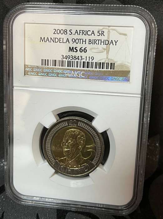 South Africa 2008 Mandela 90th Birthday 5 Rand  NGC MS66  Graded Coin