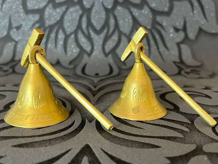 Pair of Vintage Copper Bells  Miniature Pickaxe Handle Design  Decorative Collectibles