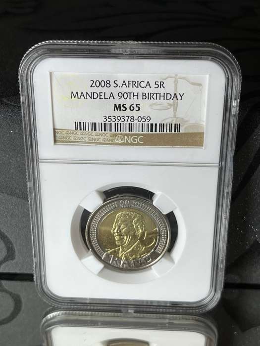 South Africa 2008 Mandela 90th Birthday 5 Rand  NGC MS65  Graded Coin
