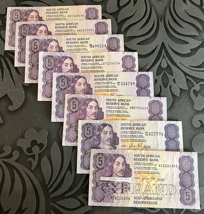  Set of 8  South Africa 5 Rand Banknotes  Old SARB Notes  Collectible Currency
