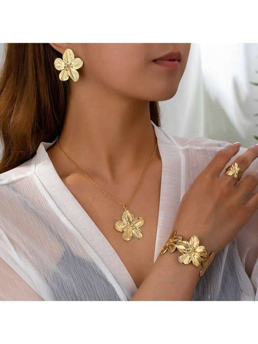 2pcs/5pcs Set Flower Necklace, Earrings, Bracelet, Ring Metal 5-Petal Flower Jewelry Set, Elegant &