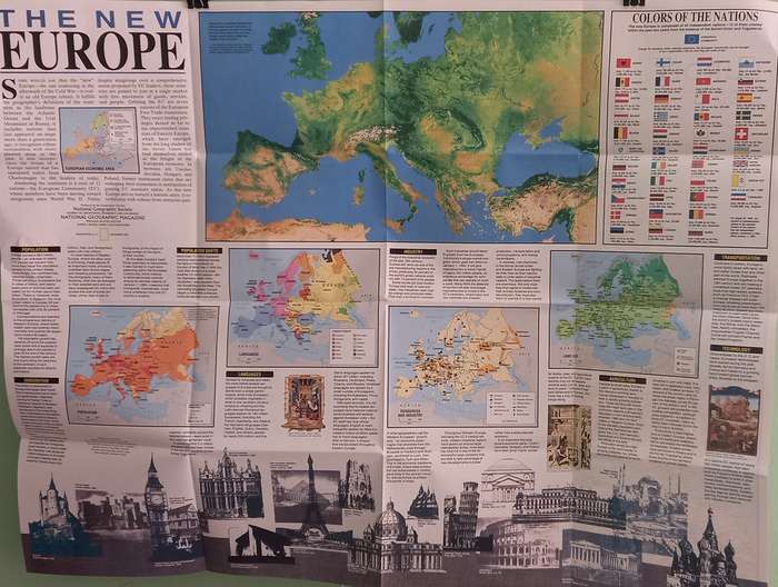1992 Folded Wall Map of Europa Published By National Geographic 73cmx57cm