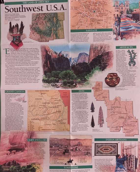 1992 Folded Wall Map of Southwest U.S.A Published By National Geographic 39x51cm