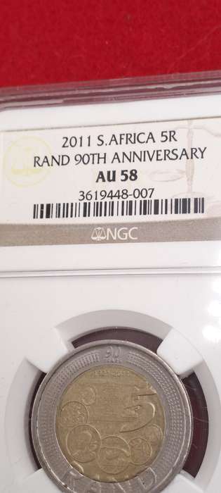 2011 South Africa R5 90th Anniversary of the Reserve Bank-NGC Graded AU58