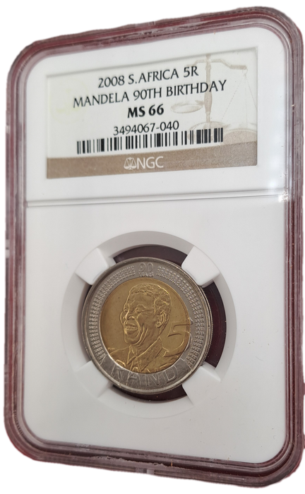 2008 South Africa R5 Mandela 90th Birthday Coin-NGC Graded MS66