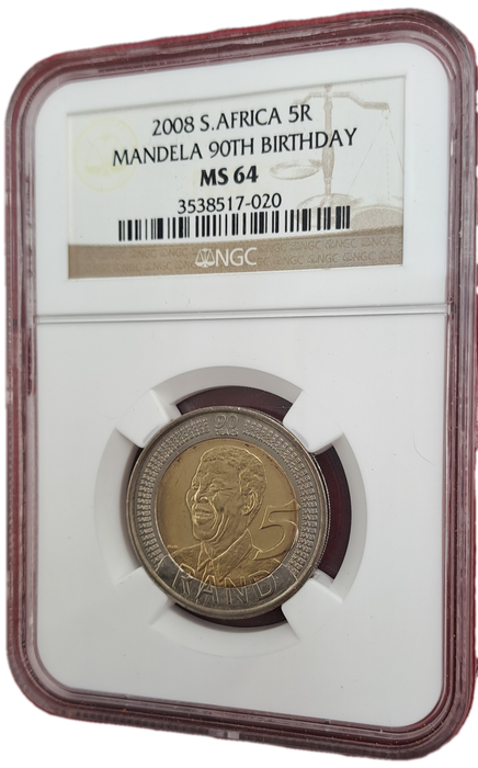 2008 South Africa R5 Mandela 90th Birthday Coin-NGC Graded MS64