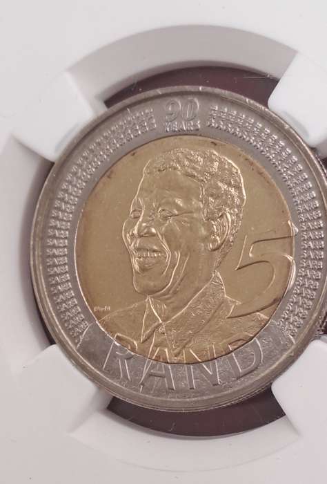 2008 South Africa R5 Mandela 90th Birthday Coin-NGC Graded MS64
