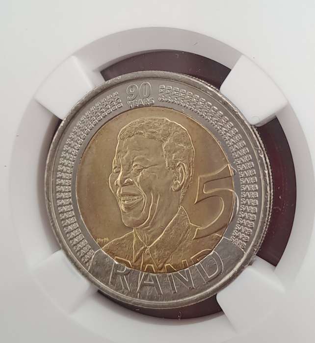2008 South Africa R5 Mandela 90th Birthday Coin-NGC Graded MS67