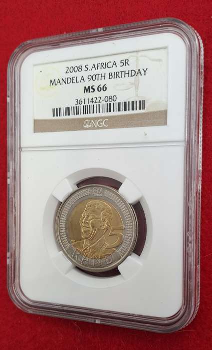 2008 South Africa R5 Mandela 90th Birthday Coin-NGC Graded MS66