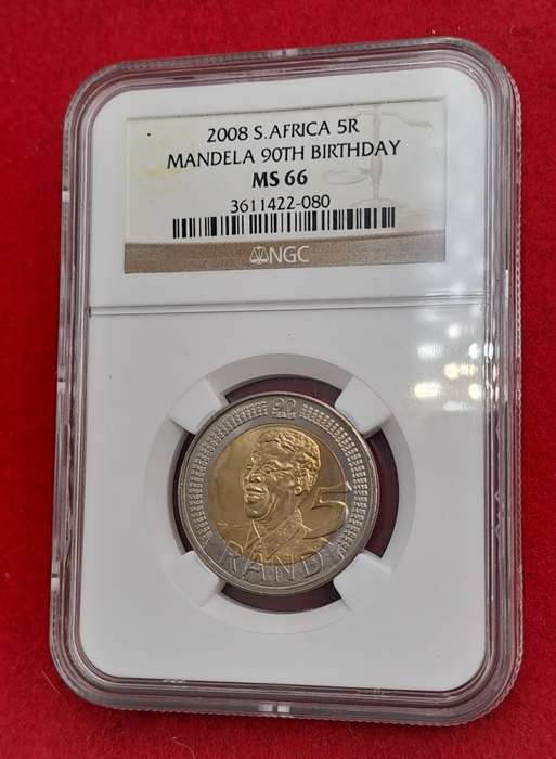 2008 South Africa R5 Mandela 90th Birthday Coin-NGC Graded MS66
