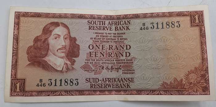 1975 South Africa 1 Rand Bank Note -T.W  de Jongh 3rd Issue -
