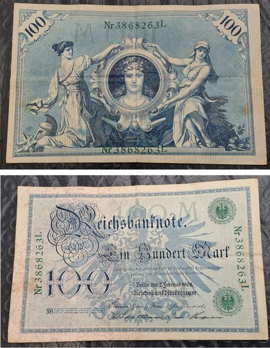 1908 Germany 100 Mark Reichsbanknote-green seal-Large Note