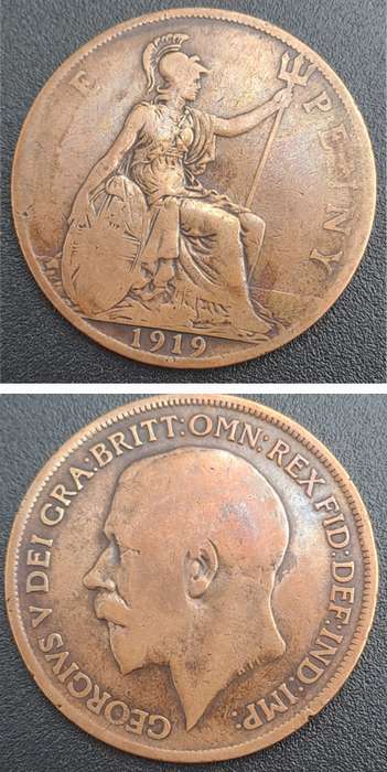 1919 United Kingdom 1 Penny - George V (Antique Coin)