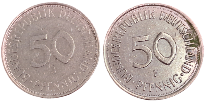 1972 and 1990 Germany 50 Pfennigs coins